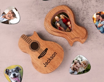 Étui de médiators de guitare en bois personnalisé, porte-médiator de guitare photo personnalisé, cadeaux de joueur de guitare, idée de cadeau d'anniversaire de la fête des pères