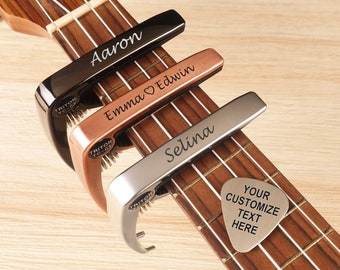 Personalized Metal Guitar Capo, Guitar Pick, Custom Message, Valentines Gift, Birthday Gift, Christmas Gift for Guitarists, Musician Gift