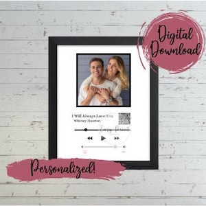 May include: A digital download of a personalized printable music player design featuring a couple's photo and the text "I Will Always Love You" by Whitney Houston. The design includes a play button, a pause button, and a volume control.