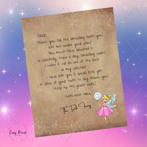 Letter from The Tooth Fairy-PRINTABLE-Special Letter for lost tooth-INSTANT DOWNLOAD-Leave under pillow-Tooth Fairy letter-Print from home