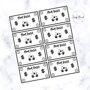Puede incluir: Ocho cupones imprimibles en blanco y negro con el texto "Mom Bucks" y un signo de dólar. Cada cupón tiene una mano con corazones y estrellas que salen de ella.