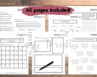 May include: A white dream journal with prompts for recording dreams, including a calendar, mind mapping, and space for notes. The journal includes the text "60 pages included!" and a black pen.