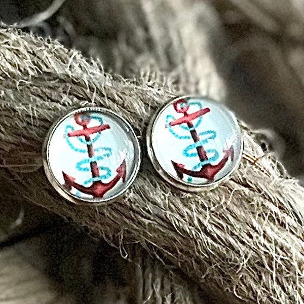 Maritime Anker und Schiffssteuerrad Ohrstecker Earings Cabochon Glas mit Liebe handgefertigt wunderschön als Geschenk oder für einen selbst