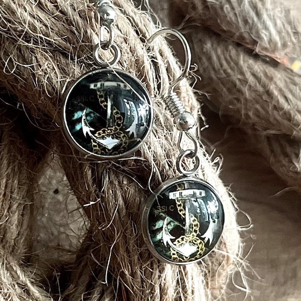 Maritime Anker und Schiffssteuerrad Ohrringe Earings Cabochon Glas mit Liebe handgefertigt wunderschön als Geschenk oder für einen selbst