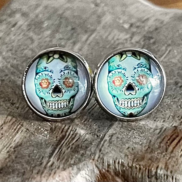 Totenkopf "Dia de Los Muertos" Ohrstecker Earings Cabochon Glas mit Liebe handgefertigt wunderschön als Geschenk oder für einen selbst