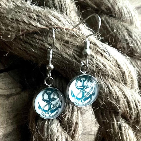 Maritime Anker und Schiffssteuerrad Ohrringe Earings Cabochon Glas mit Liebe handgefertigt wunderschön als Geschenk oder für einen selbst