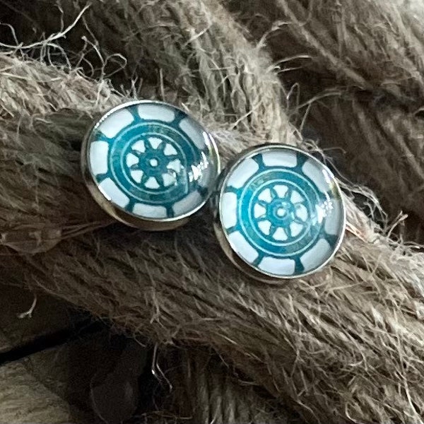 Maritime Anker und Schiffssteuerrad Ohrstecker Earings Cabochon Glas mit Liebe handgefertigt wunderschön als Geschenk oder für einen selbst