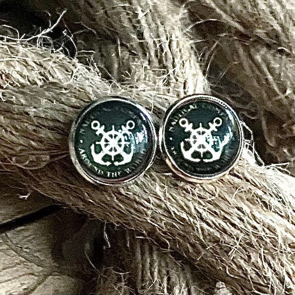 Maritime Anker und Schiffssteuerrad Ohrstecker Earings Cabochon Glas mit Liebe handgefertigt wunderschön als Geschenk oder für einen selbst