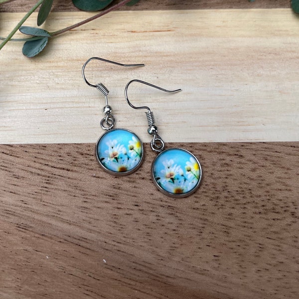 Blume Blüte Ohrstecker Earring Floral blau Cabochon Glas mit Liebe handgefertigt wunderschön als Geschenk oder für einen selbst