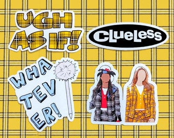 May include: A set of four vinyl stickers featuring the text UGH AS IF in yellow plaid, a black oval with the word CLUELESS, the text WHATEVER with a fluffy pen, and two faceless figures wearing plaid jackets and skirts on a yellow plaid background.