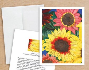 Note Card Set - Sunflowers, Lily & Dragonfly, Honeybee by Artist Peggy Hellem Illustration