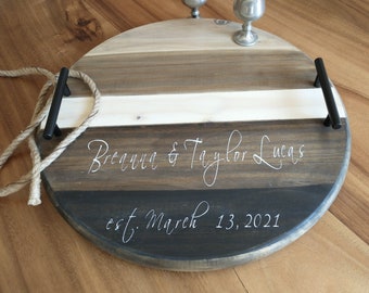 Personalized Wedding/ Engagement Gift,  Custom Wood Serving Tray, Charcuterie Board, Round Decorative Tray, Shower/ Housewarming Gift