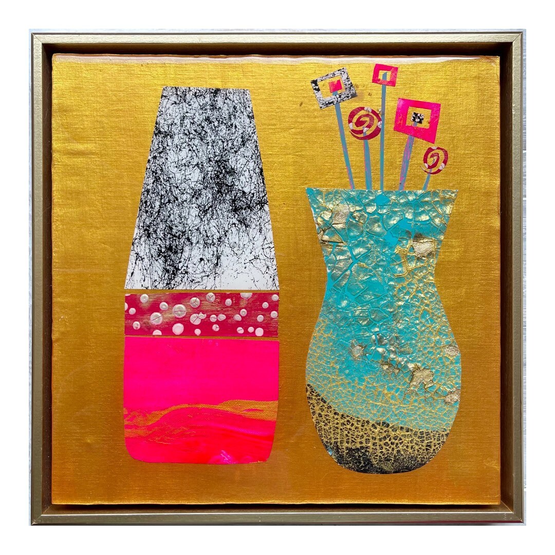 Flower Vase Painting Textured Collage Wall Art Gold Art Textured Paper