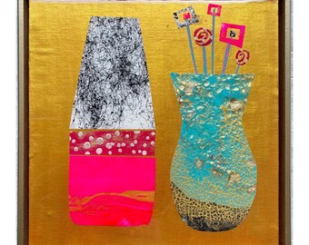 Flower Vase Painting | Textured Collage Wall Art | Gold Art | Textured Paper Collage | Resin Art | Collage Resin Art