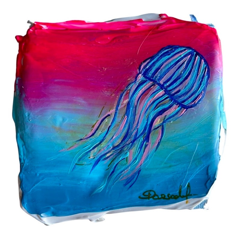 May include: A blue and pink jellyfish painted on a canvas with a pink, blue, and white background. The artist's signature is in the bottom right corner.