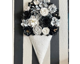 Flower Bouquet Wall Art |3D Floral Wall Decor | Heavy Texture Floral Art| Abstract Flower Art | Black & White Textured Painting