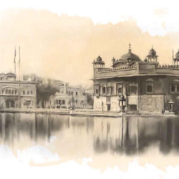 Old Golden Temple 1930s Pencil Sketch & Watercolour Print Painting | sikh art