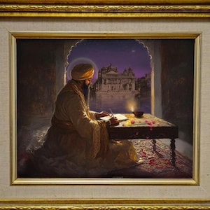 Sikh Guru Arjan Dev Ji writing Gurbani during prabhat (early morning), 16th-century Harmandir Sahib, Built with stone in the background
