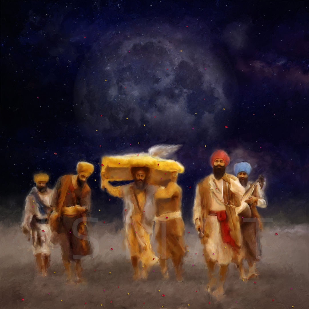 Guru Granth Sahib Ji Prakash Amrit Vela Oil Painting Guru Nanak Dev Ji  Guru Gobind Singh Ji Sikh Art Punjab Golden Temple Art
