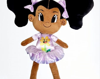 Peluche violette, poupée noire, poupée de chiffon, grande poupée, poupée afro, poupée rose,