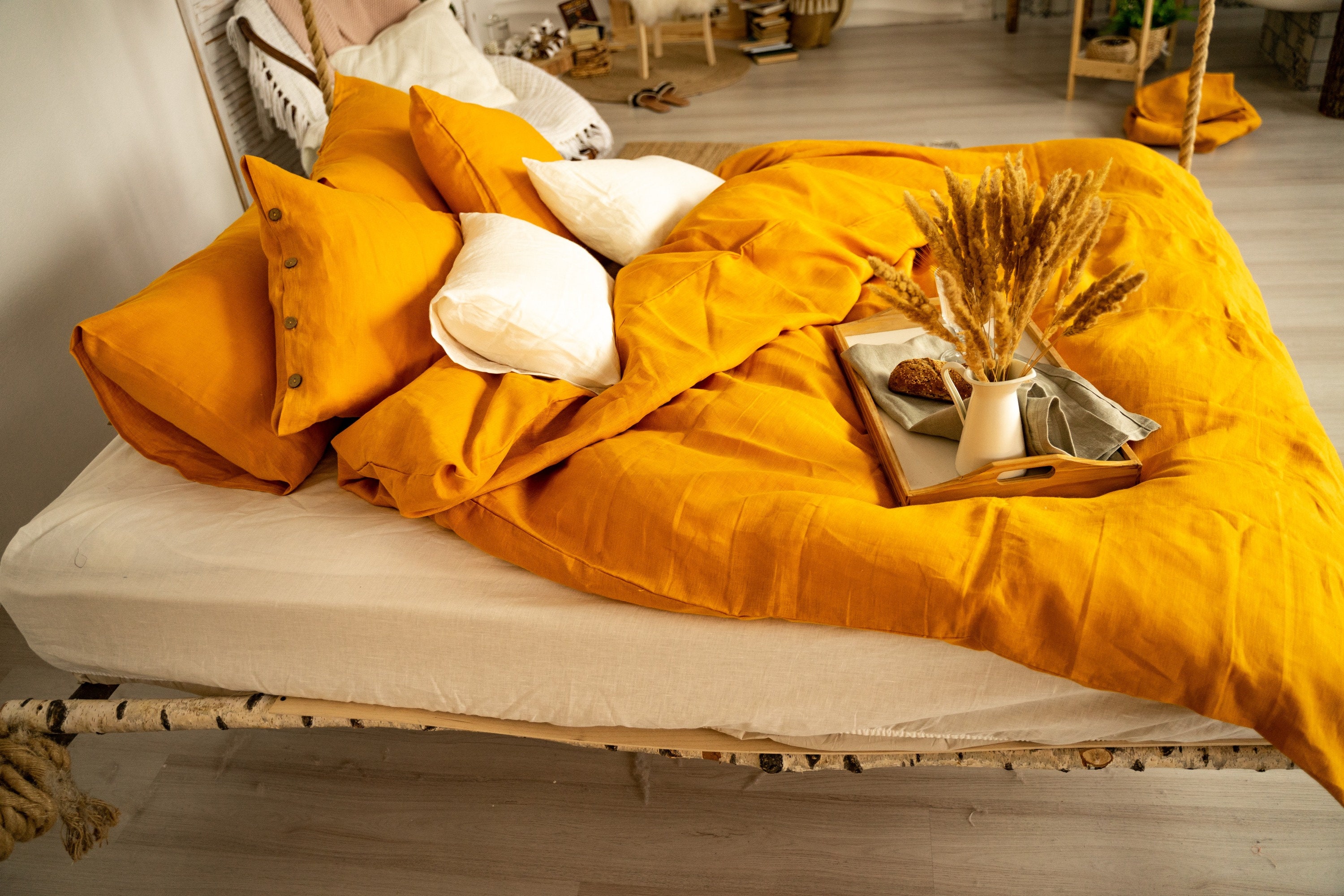 Mustard linen bedding set boho bed linen flax home textile Etsy