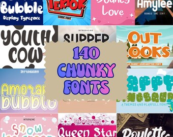 Pacchetto di 140 font spessi / Caratteri tipografici a bolle, groovy e retrò (download digitale)