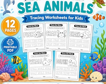 Schede di lavoro per tracciare la parola Animali marini, pagine di tracciamento di animali oceanici per la scuola materna, esercizi di scrittura stampabili, attività di motricità fine per bambini in formato PDF