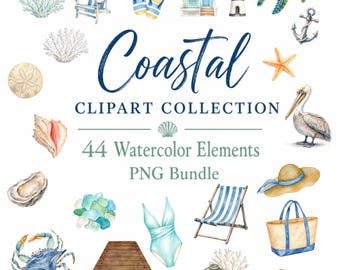 Paquete de imágenes prediseñadas de acuarela costera, elementos PNG de playa, arte veraniego de la costa del Golfo, imágenes prediseñadas náuticas de conchas marinas (descarga digital)