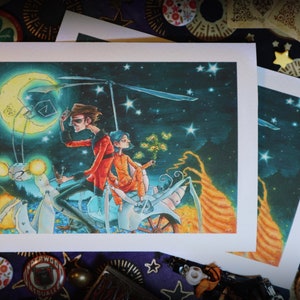 May include: A colourful illustration of two people riding a large, mechanical insect under a crescent moon and a starry night sky.