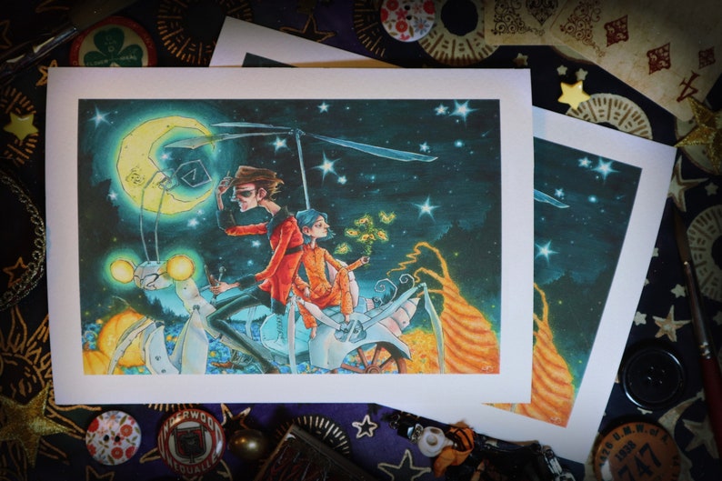 May include: A colourful illustration of two people riding a large, mechanical insect under a crescent moon and a starry night sky.