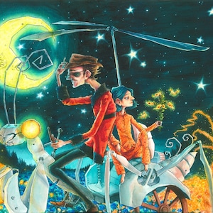 May include: A watercolour painting of two figures riding a mechanical mantis under a crescent moon. The figures are a man with a hat and goggles and a woman with blue hair. The background is a starry night sky.