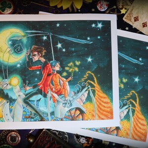 May include: A whimsical illustration of two figures riding a large, white, mechanical insect against a starry night sky. The insect has glowing yellow eyes and a long, segmented body. The figures are dressed in red and orange clothing and are holding a flower and a compass. The moon is a crescent shape and is also glowing yellow.