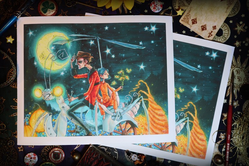 May include: A whimsical illustration of two figures riding a large, white, mechanical insect against a starry night sky. The insect has glowing yellow eyes and a long, segmented body. The figures are dressed in red and orange clothing and are holding a flower and a compass. The moon is a crescent shape and is also glowing yellow.