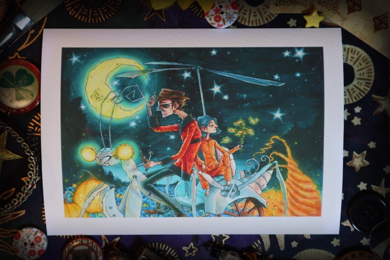 May include: A whimsical illustration of two figures riding a mechanical insect against a starry night sky. The insect has glowing eyes and a crescent moon in the background. The figures are dressed in red and orange clothing.