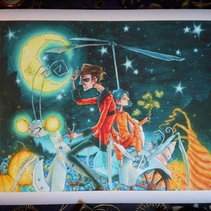 May include: A whimsical illustration of two figures riding a mechanical insect under a crescent moon. The figures are dressed in red and orange clothing, and the insect has glowing yellow eyes. The background is a dark blue sky with stars.