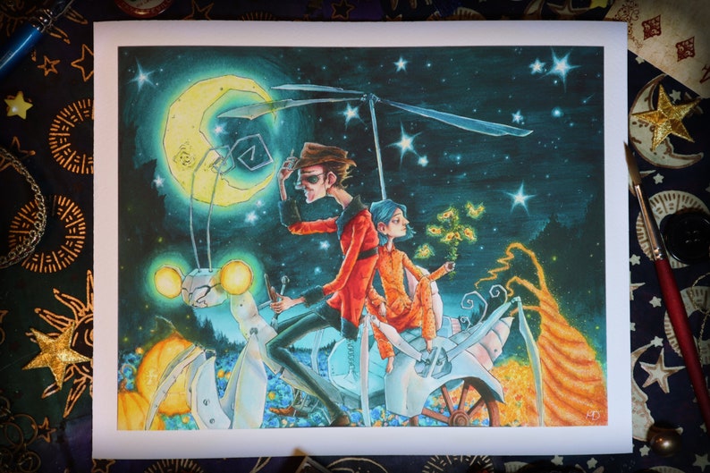 May include: A whimsical illustration of two figures riding a mechanical insect under a crescent moon. The figures are dressed in red and orange clothing, and the insect has glowing yellow eyes. The background is a dark blue sky with stars.