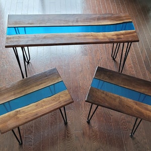 Walnut Epoxy River Table | Transparent Ocean Blue Epoxy River | Entryway Table, Sofa Table, Console Table with Black Metal Legs |