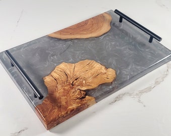 Olive wood Charcuterie Board with Silver/Grey Epoxy | Cheese Board | Serving Board | Handmade | Epoxy Resin River