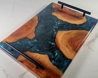 Olive wood Charcuterie Board with Green color shifting epoxy | Cheese Board | Serving Board | Handmade | Epoxy Resin River
