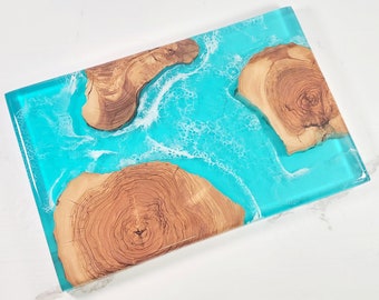 Olive wood Charcuterie Board with Transparent Teal  Epoxy | Cheese Board | Serving Board | Handmade | Epoxy Resin River