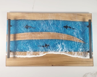 Sneaky Sharks around sandbar  Epoxy River Charcuterie Board w/ Ocean Waves