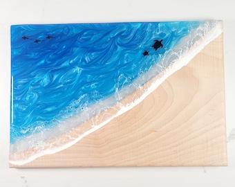 Caribbean Blue Ocean Bay Epoxy River with Sea Turtle and Shark |  Charcuterie Board | Cheese Board | Serving Board | Customizable