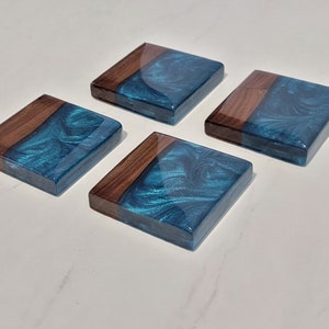 Epoxy Coasters | Walnut Wood with Dark Teal Epoxy | Set of 4 |