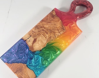 Olive Wood Epoxy River Rainbow Serving Board with Handle | Resin River |