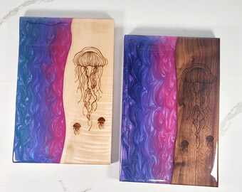 Epoxy River Charcuterie Board: Walnut & Maple, Engraved Jellyfish