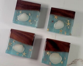 Epoxy Coasters | Walnut Wood with Teal Epoxy and Sea Shells | Set of 4 |