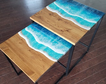 Ocean Wave Epoxy Nesting Tables with Black Metal Legs | Set of 2