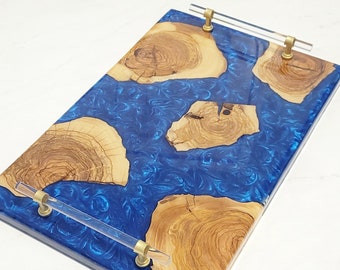 Olive wood Charcuterie Board with royal blue epoxy | Cheese Board | Serving Board | Handmade | Epoxy Resin River