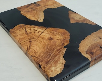 Olive wood Charcuterie Board with Black Epoxy | Cheese Board | Serving Board | Handmade | Epoxy Resin River