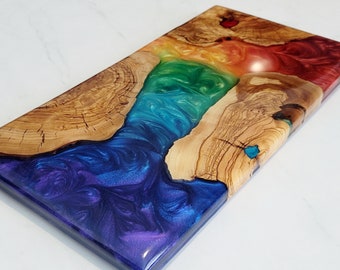 Olive wood Charcuterie Board with rainbow epoxy | Cheese Board | Serving Board | Handmade | Epoxy Resin River